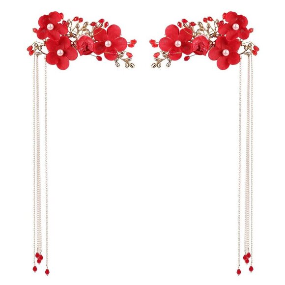 Chinese Wedding Hairpin Red Tassel Pearl Flower Hair Clip Vintage Long Hair Jewe main image 9